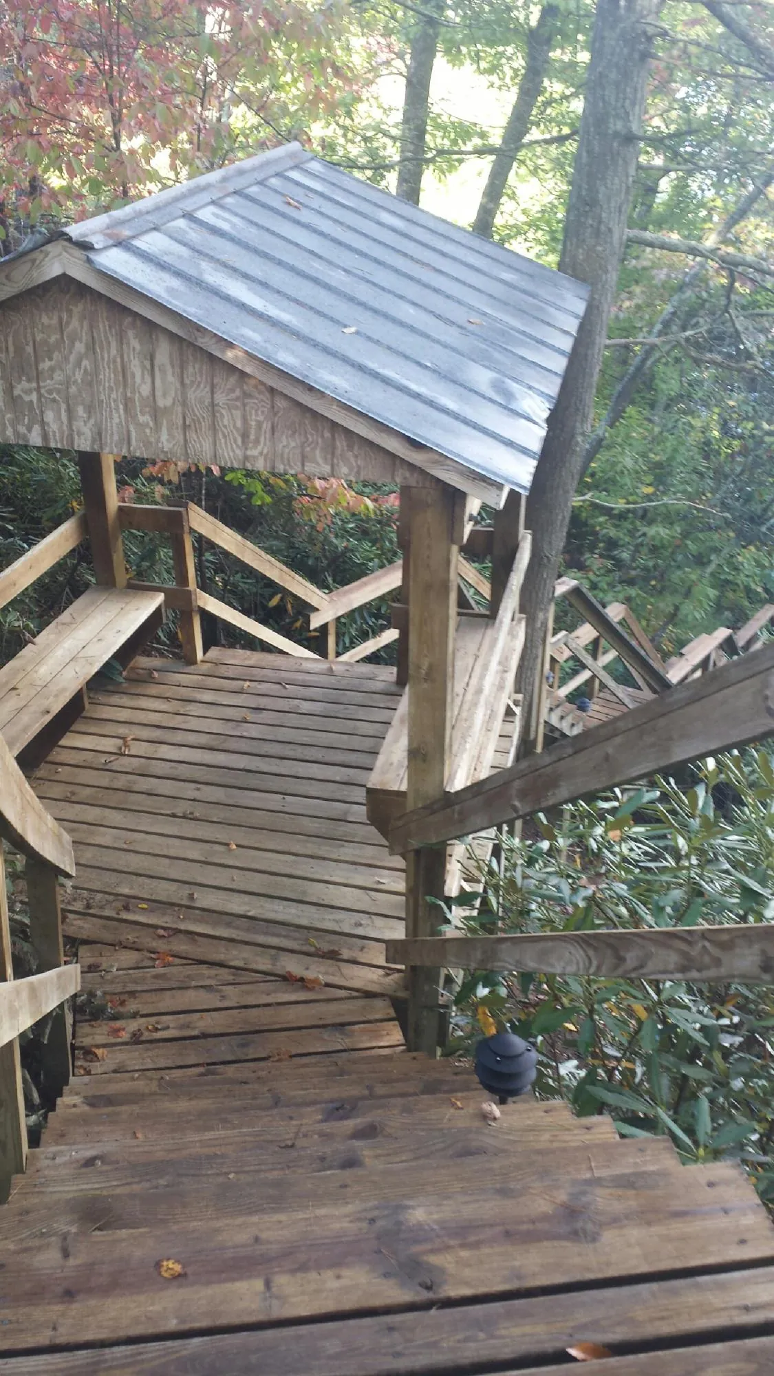 Metal roofed shelter over wooden steps on a wooded walkway — Skylight Repair & Installation work by our crew in East Brady